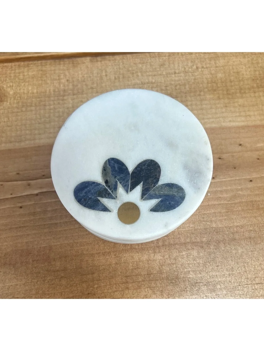 Set of 4 GAURI KOHLI Santorini White Marble Coasters with Blue and Gold Inlay